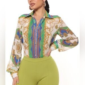 NWT Fashion Nova Isla Baroque Shirt - Kelly Green Size L